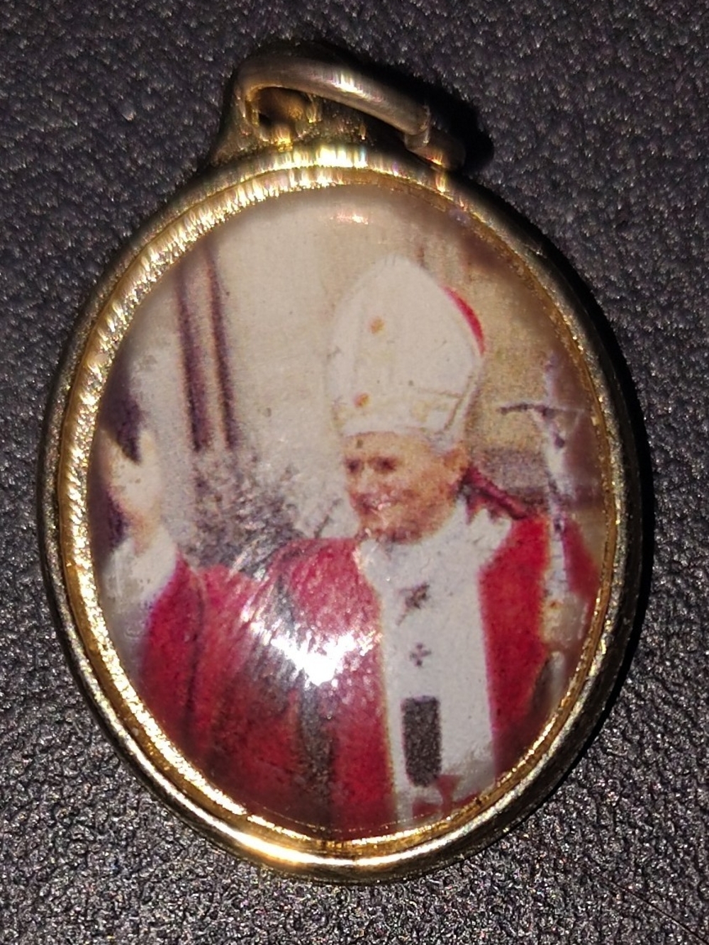 Gold-Tone Religious Pendant Necklace with Red Accent
